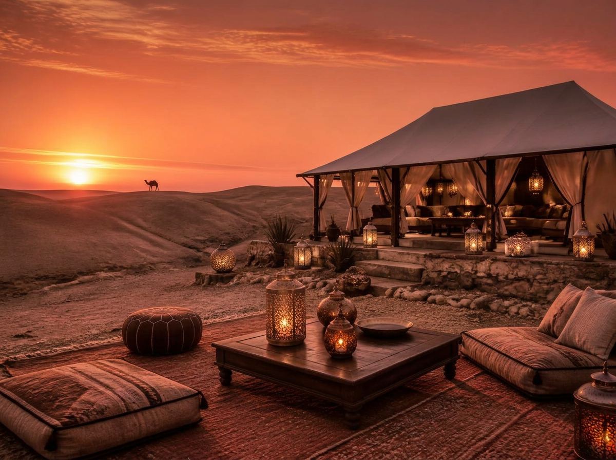 Dîner privé dans le désert d'Agafay près de Marrakech au coucher du soleil