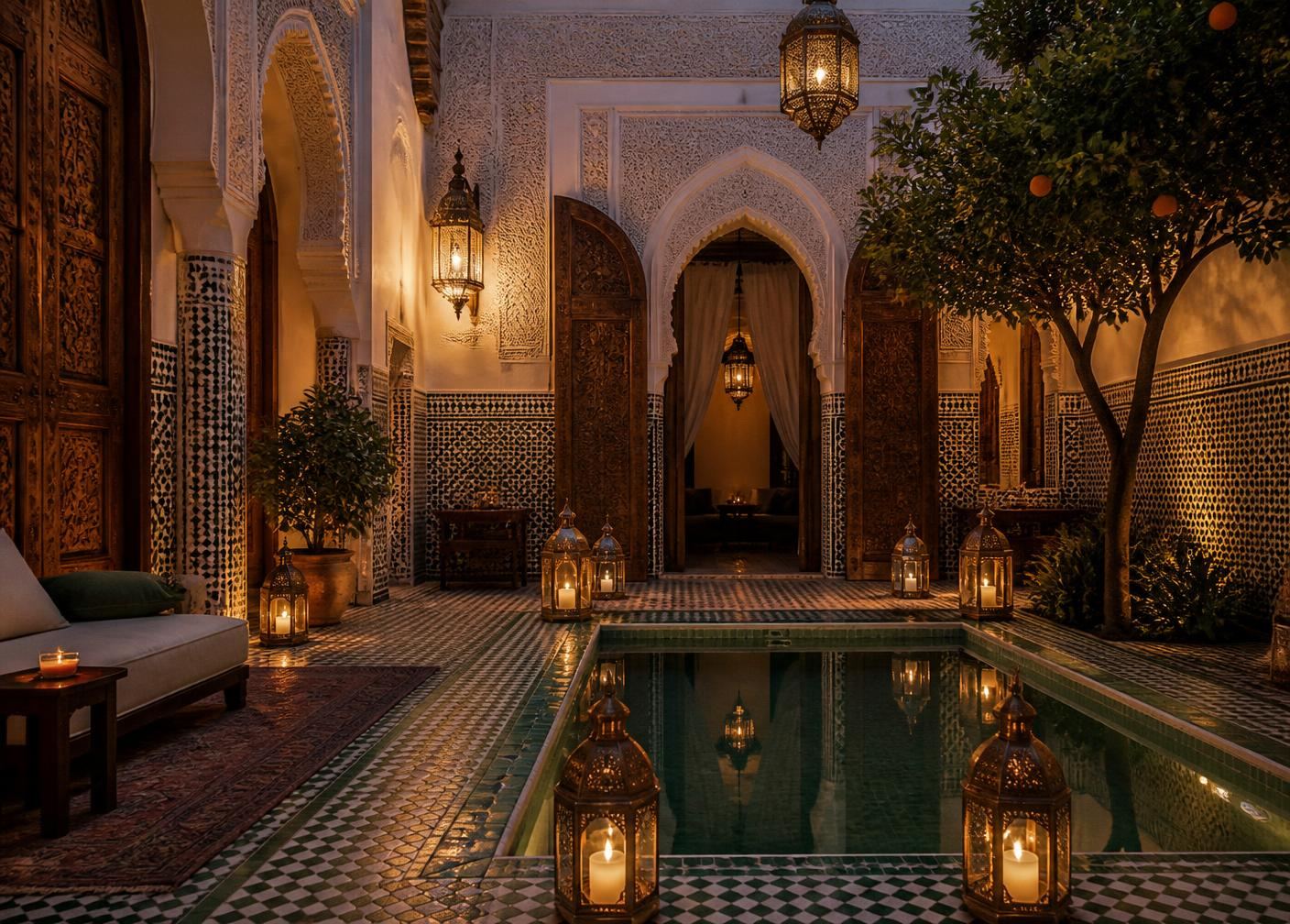 Patio d'un riad de luxe à Marrakech avec bassin en zellige, sélection de villas et riads d'exception